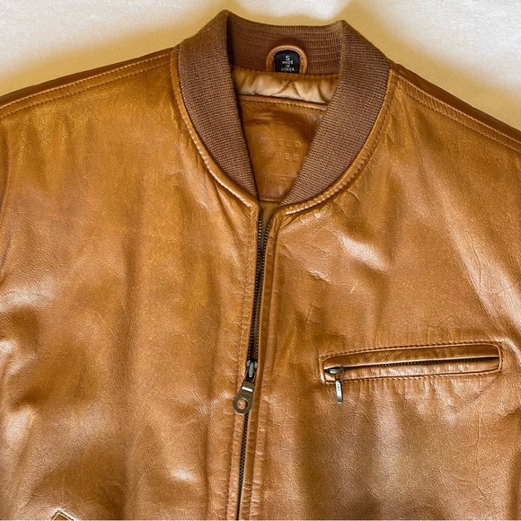 ✨SOLD✨Vintage 1980’s Mixed Blues Leather Bomber jacket Camel/Tan Size Mens Small - Picture 9 of 9